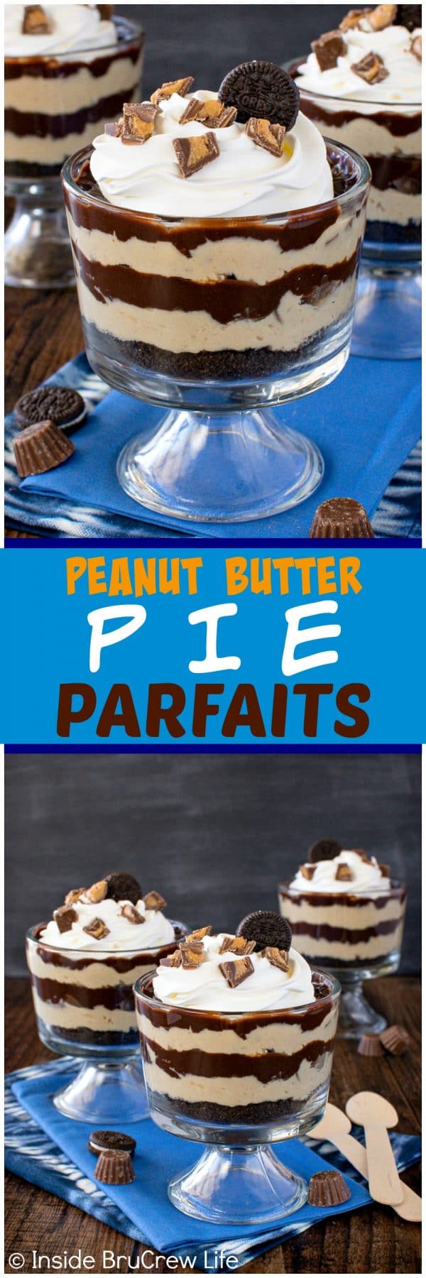 Two pictures of peanut butter pie parfaits collaged together with a blue text box.
