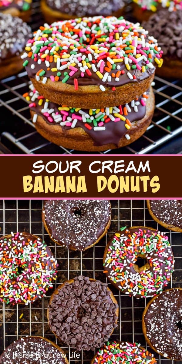 Sour Cream Banana Donuts - chocolate and sprinkles make these homemade banana donuts so pretty and so delicious! Great recipe to make for breakfast or an afternoon snack! #banana #donuts #chocolate #bakeddonuts