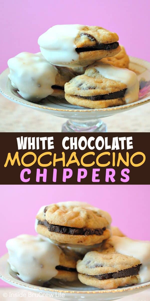 White Chocolate Mochaccino Chippers - these little chocolate chip cookies have a chocolate frosting filling and are dipped in white chocolate. Make this cookie recipe for your next party or event.