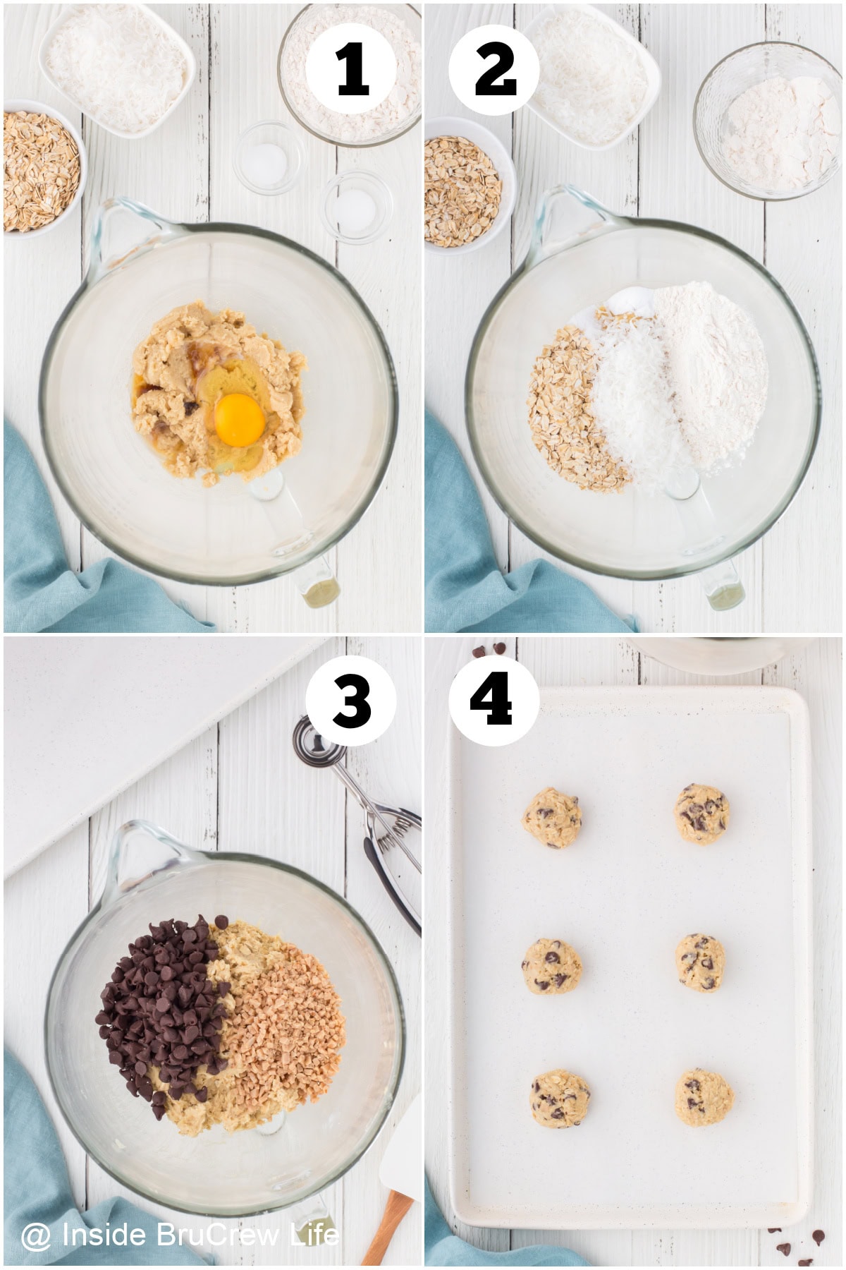 Four pictures collaged together showing how to make cookie dough with chips and coconut.