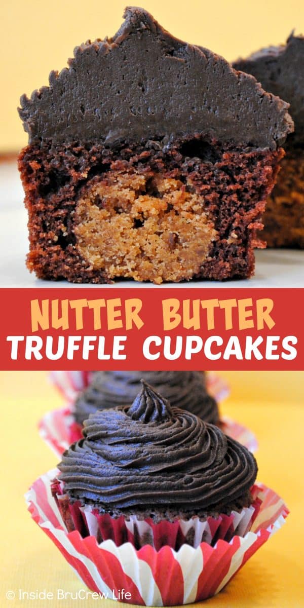 Nutter Butter Truffle Cupcakes - a hidden Nutter Butter truffle and homemade chocolate frosting make these brownie cupcakes amazing. Make this easy stuffed cupcake recipe for parties, events, or bake sales. #brownies #chocolate #peanutbutter #frosting