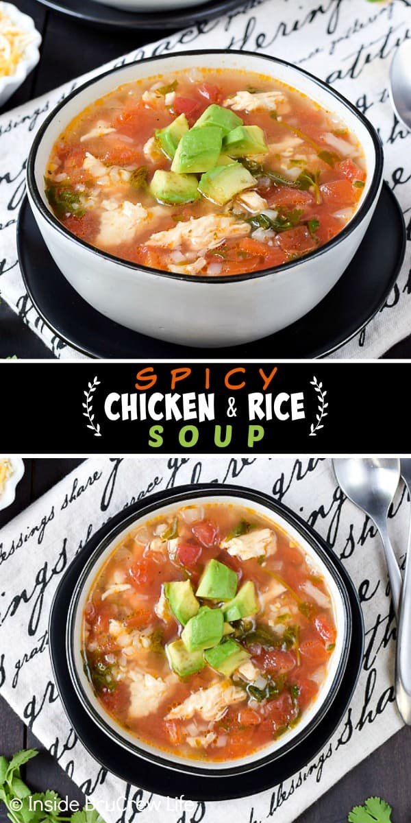 Spicy Chicken and Rice Soup - this easy chicken soup recipe is loaded with rice, chicken, and tomatoes! Make this easy 30 minute dinner idea for cool and busy nights. #soup #comfortfood #chickenandrice #chickensoup #healthy #lowcarb