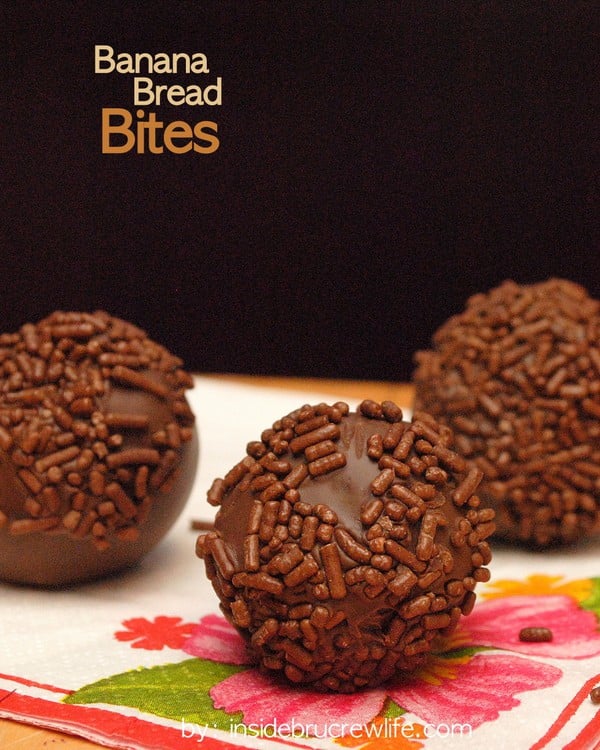 Banana Bread Bites - little banana bread bites rolled into balls and dipped in chocolate. Great breakfast treat!