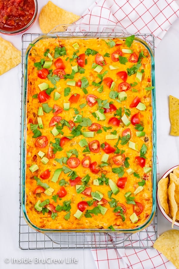 Overhead picture of a pan of mexican lasagna topped with tomatoes, avocados, and cilantro.