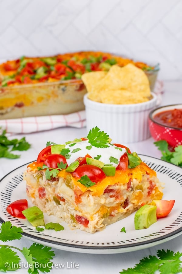 A white plate with a slice of chicken ole casserole with tomatoes, avocados, and cilantro on top.