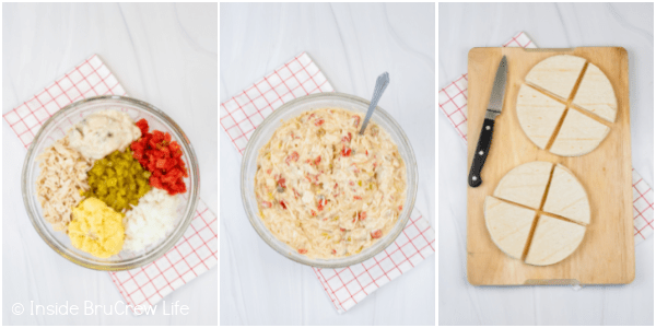 Three pictures showing the steps to putting together chicken ole.