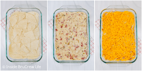Three pictures collaged together showing the steps to layering ingredients in chicken ole casserole.