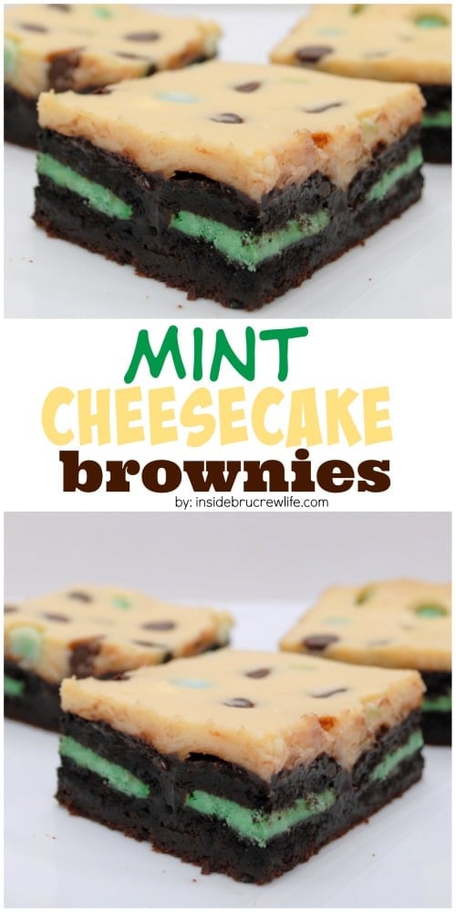2 pictures of brownies with a green mint Oreo's inside topped with chocolate chip cheesecake.