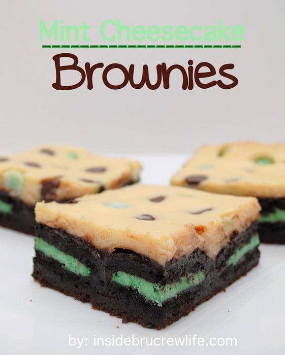 Brownies with a green mint Oreo's inside topped with chocolate chip cheesecake.