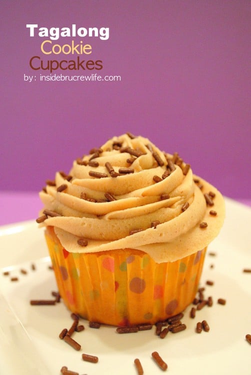 These cupcakes have a hidden girl scout cookie in the bottom and THE best peanut butter frosting on top!