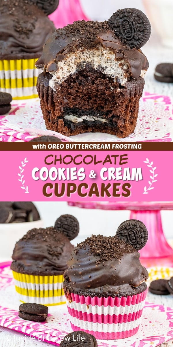 Two pictures of chocolate cookies and cream cupcakes collaged together with a pink text box