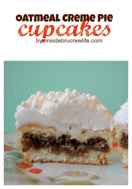 Oatmeal Creme Pie Cupcakes - the fun vanilla cupcakes have a hidden cookie surprise