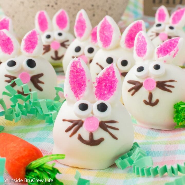 Mini Easter bunnies decorated with candy eyes and marshmallow ears.
