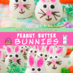 Two pictures of peanut butter bunnies collaged with a pink text box.