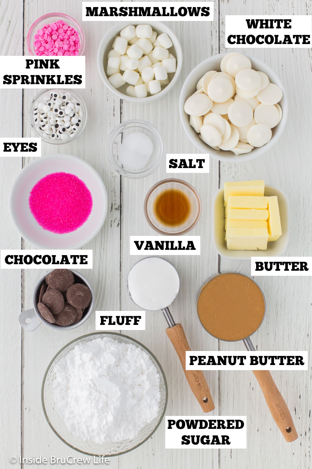 Ingredients needed to make peanut butter balls with bunny ears and eyes.