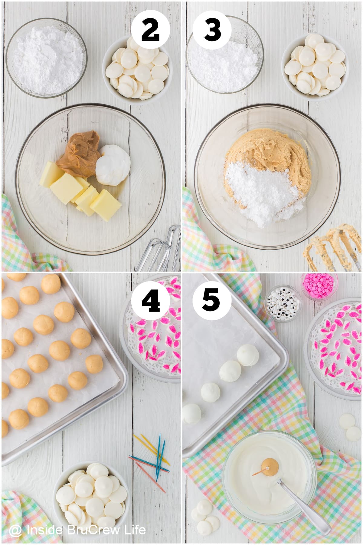 Four pictures showing how to make and dip peanut butter balls.