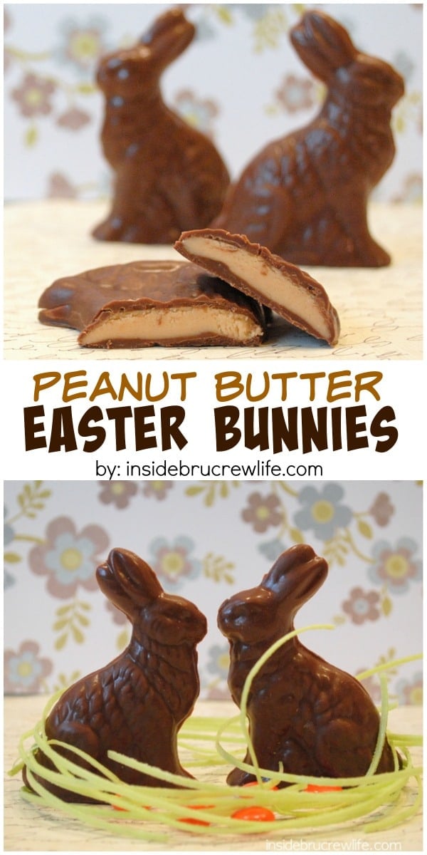 2 pictures of homemade peanut butter filled chocolate bunnies separated by a box of text.