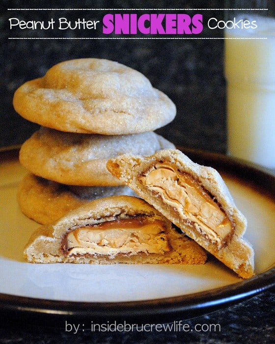 Peanut Butter Snickers Cookies | Inside BruCrew Life - peanut butter cookies filled with Peanut Butter Snickers candy bars #cookies #peanutbutter 
