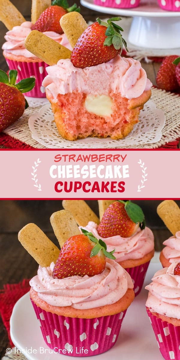 Two pictures of Strawberry Cheesecake Cupcakes collaged together with a light pink text box.