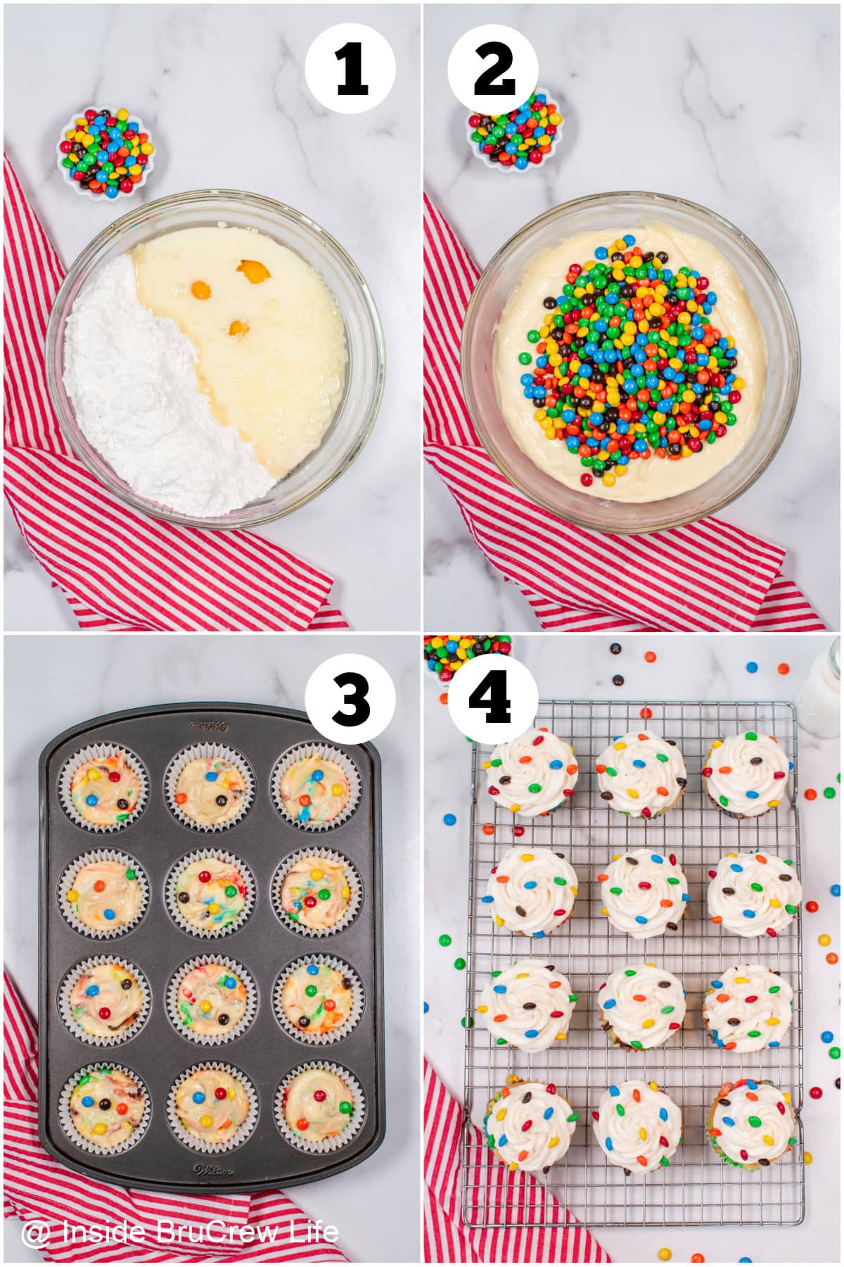 Four pictures collaged together showing how to make cupcakes with mini M&Ms.