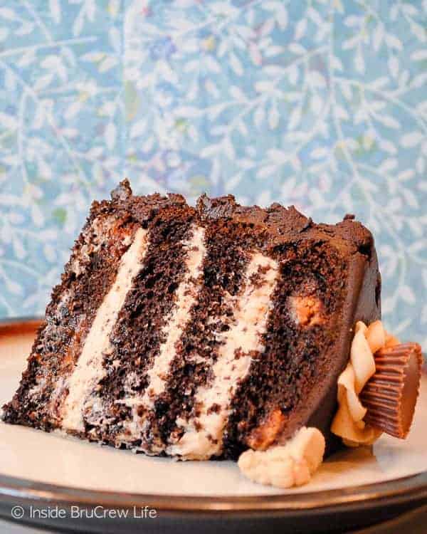 Peanut Butter Explosion Chocolate Cake - layers of chocolate and peanut butter frosting turn this chocolate cake mix cake into a decadent dessert. Perfect recipe for parties and events! #chocolatecake #chocolate #peanutbutter #cake