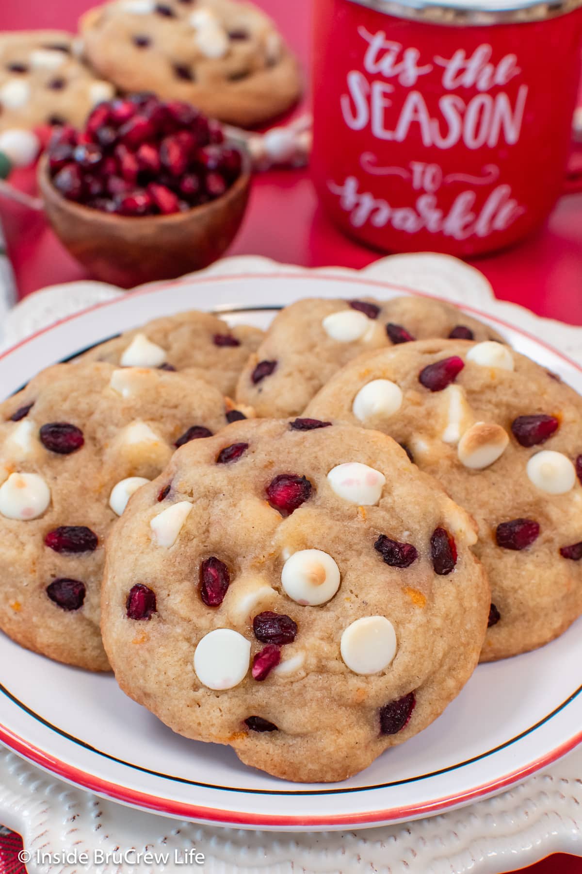 A white plate with cookies on it.