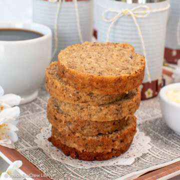 A stack of banana bread slices that were baked in a can.