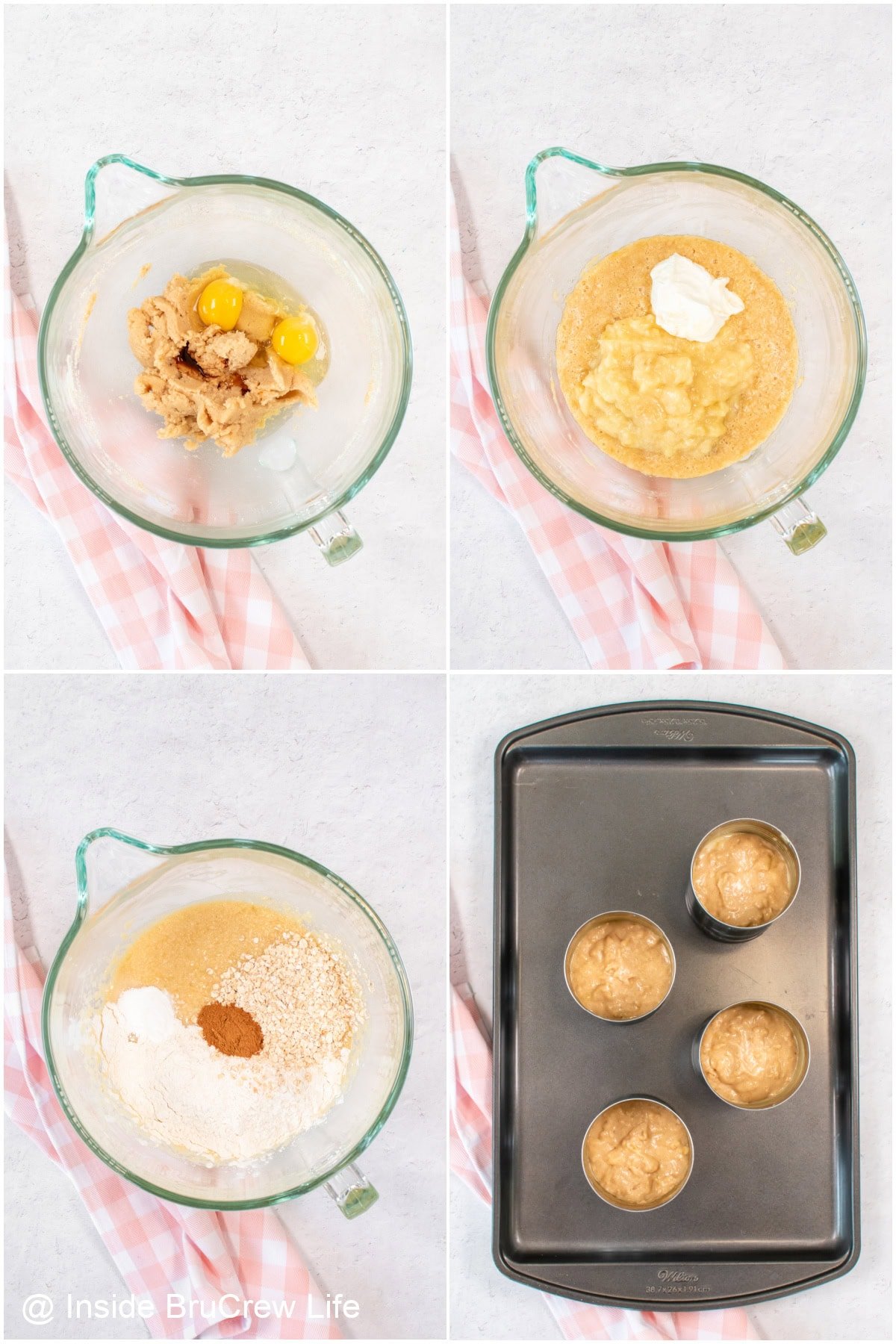 Four pictures collaged together showing the steps in making banana bread batter and baking it in a can.