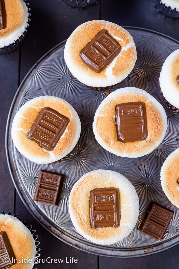 Overhead picture of a pan of cupcakes topped with a toasted marshmallow and a candy bar.