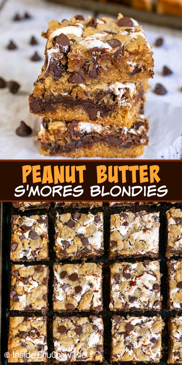 Two pictures of Peanut Butter S'mores Blondies collaged together with a brown text box