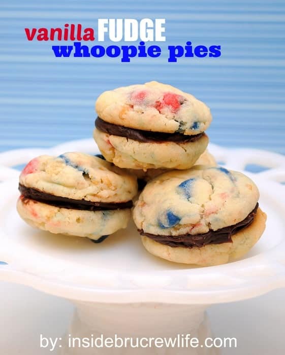 Vanilla Fudge Whoopies - easy cake mix cookies filled with fudge frosting