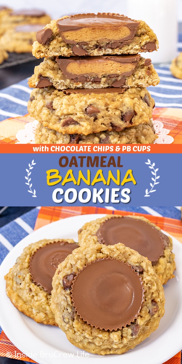 Two pictures of oatmeal banana cookies collaged together with a blue text box