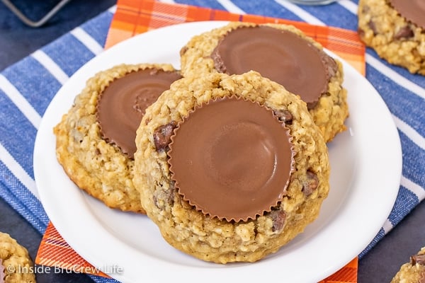 A white plate with three oatmeal banana cookies with peanut butter cups on top on it