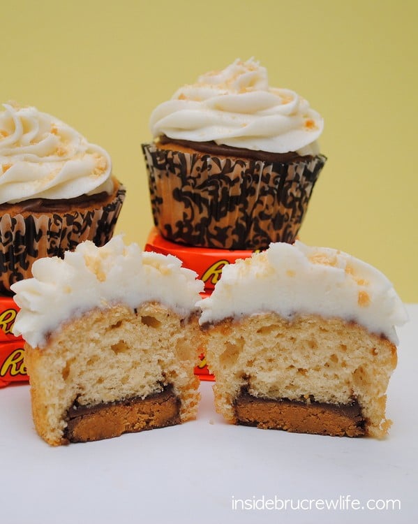 Peanut butter cupcakes, Reese's peanut butter cups, and banana butter cream makes these a decadent and fun cupcake to serve at any party.