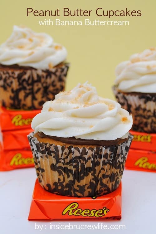 Peanut butter cupcakes, Reese's peanut butter cups, and banana butter cream makes these a decadent and fun cupcake to serve at any party.