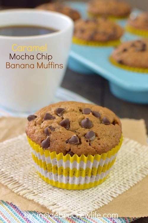 Coffee and caramel give these banana muffins a fun and delicious twist! Perfect for breakfast or after school snacking!