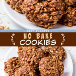 Two pictures of chocolate peanut butter drop cookies collaged together with a brown text box.
