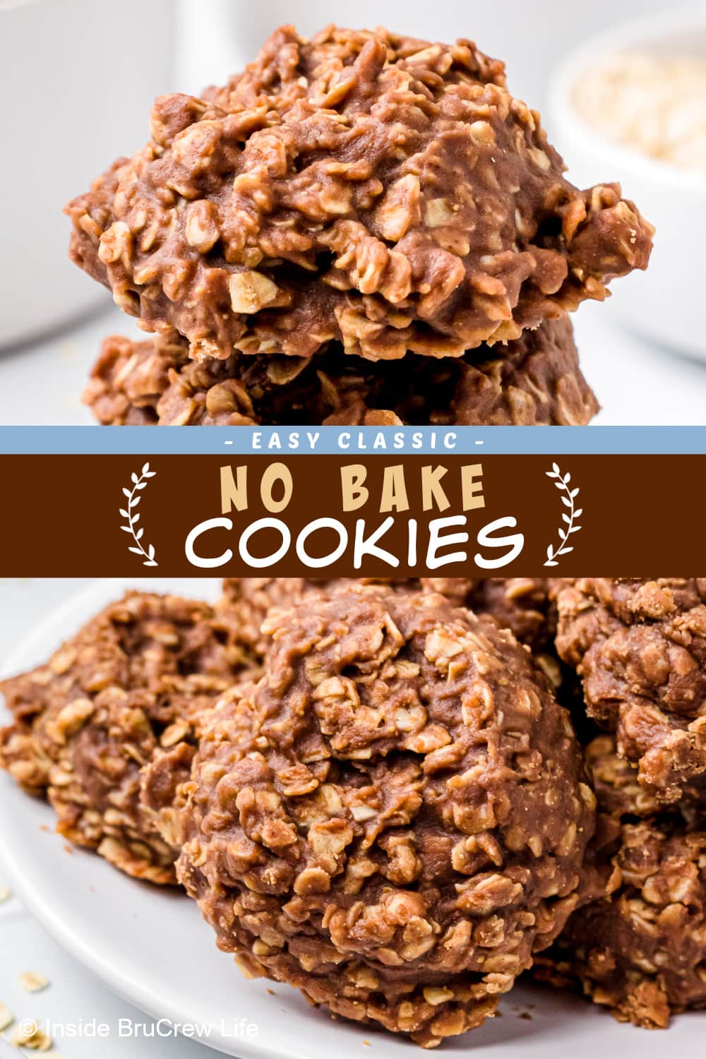 Two pictures of chocolate peanut butter drop cookies collaged together with a brown text box.