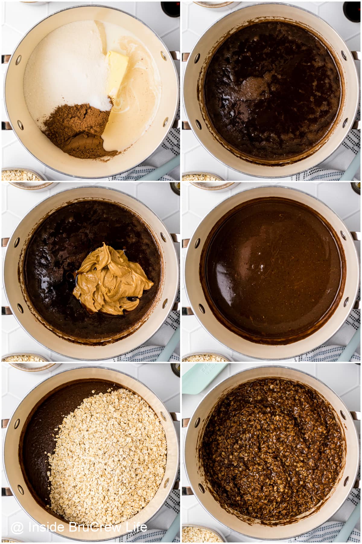 Six pictures collaged together showing how to make no bakes.