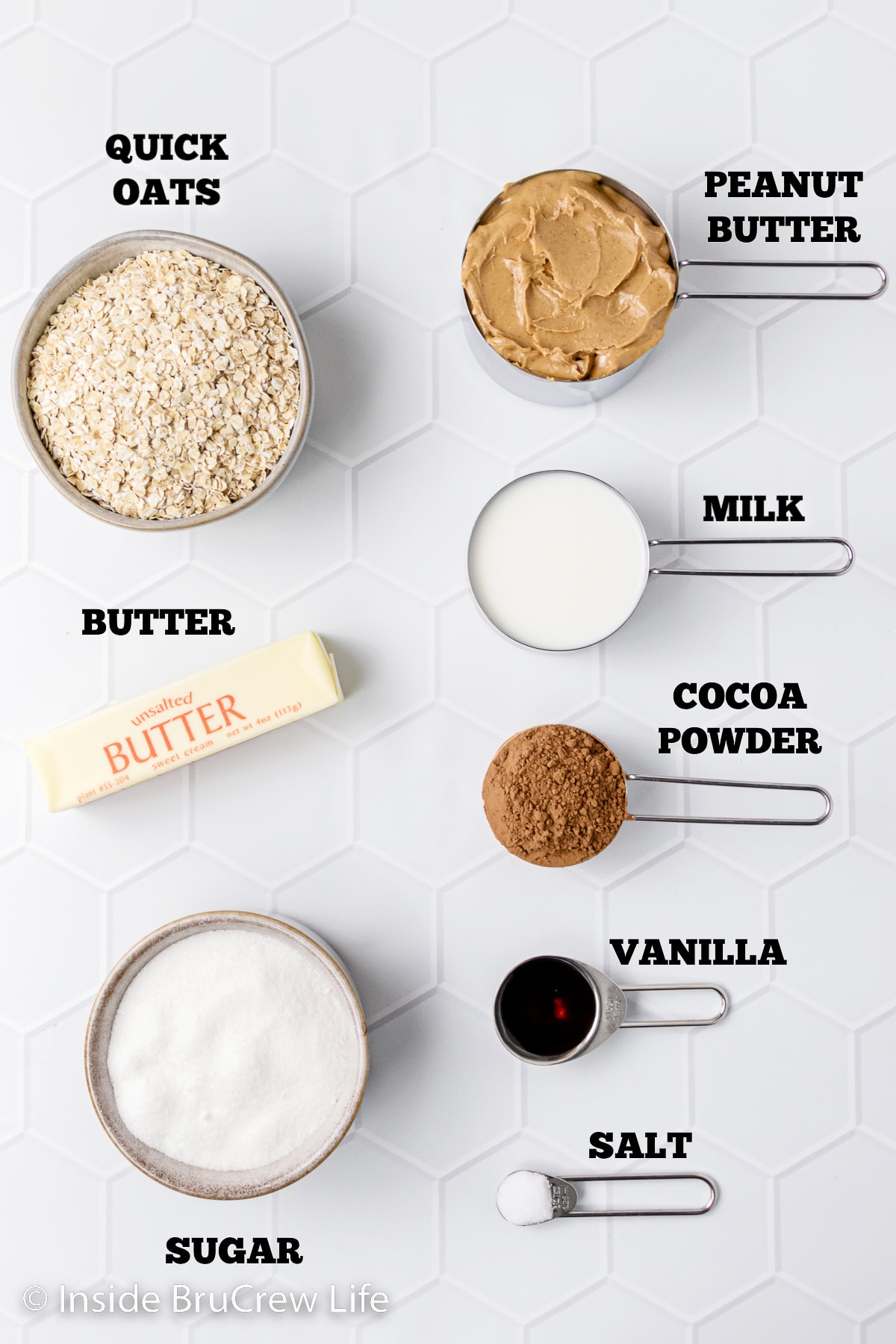Bowls of ingredients needed to make no bake cookies.