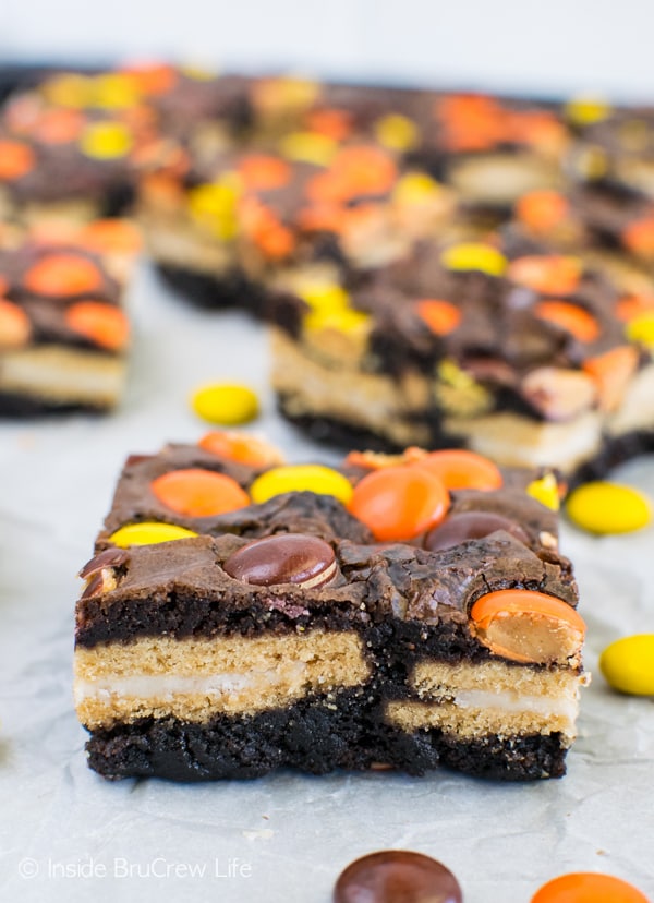 Oreo Reese's Brownies - cookies and candies make these easy fudge brownies disappear in a hurry. Easy recipe to make for dessert! #brownies #Oreos #reesespieces #easy #dessert