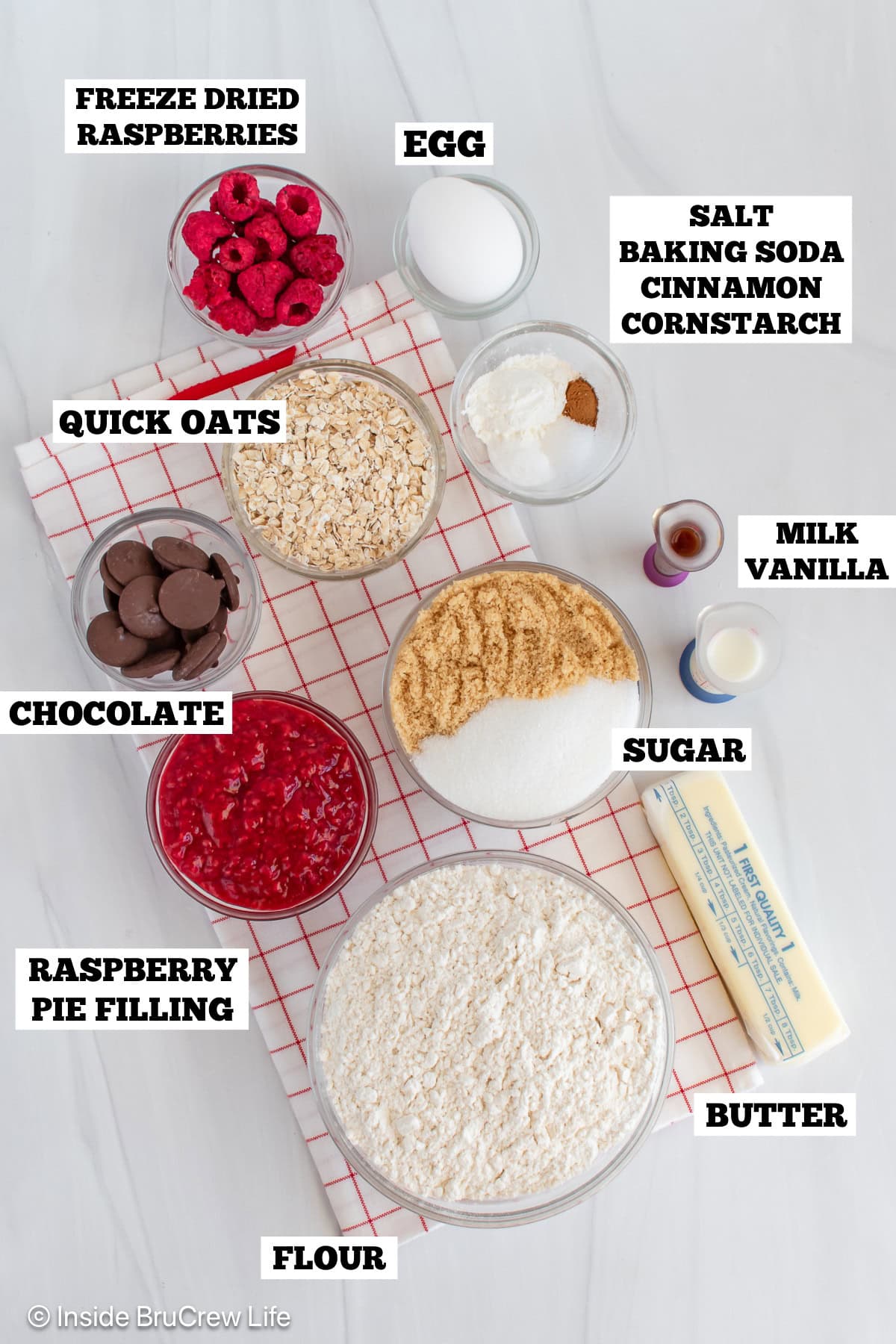 Raspberry filled cookies ingredients with text lables.