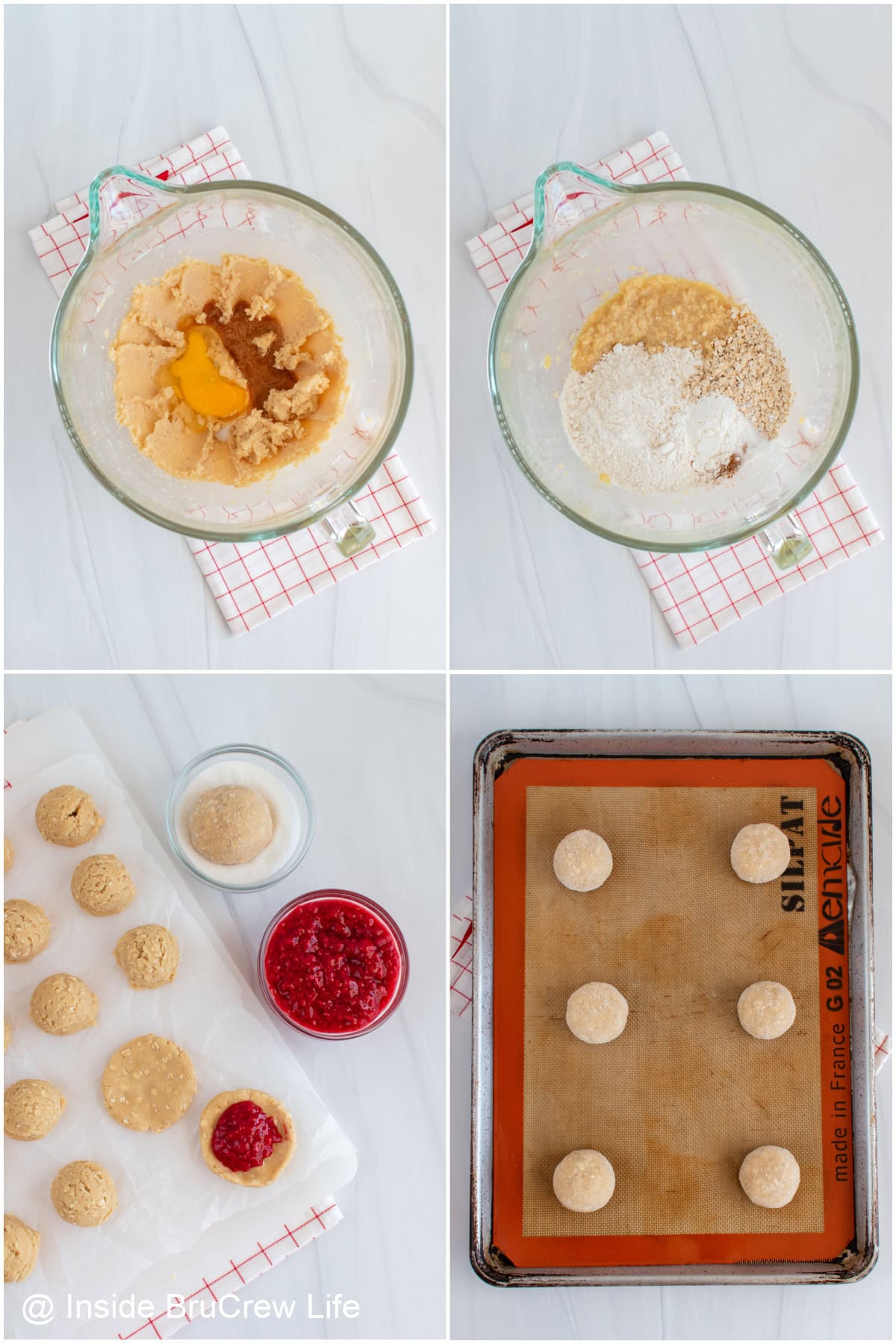Step-by-step photos showing how to make raspberry filled cookies.