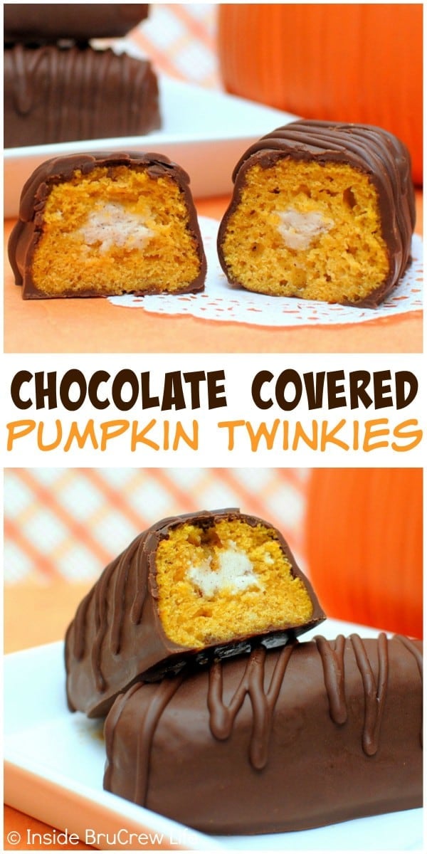 Chocolate Covered Pumpkin Twinkies - a cinnamon buttercream filling and chocolate coating makes these pumpkin cakes a sweet fall treat.