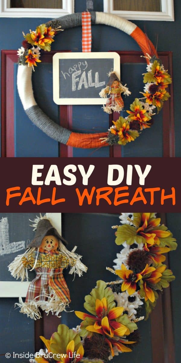 Easy DIY Fall Wreath - this easy fall wreath can be made with just a few materials. Make this fun DIY craft to add some fall flair to your front door! #wreath #craft #burlap #fall #easy #DIY #chalkboard