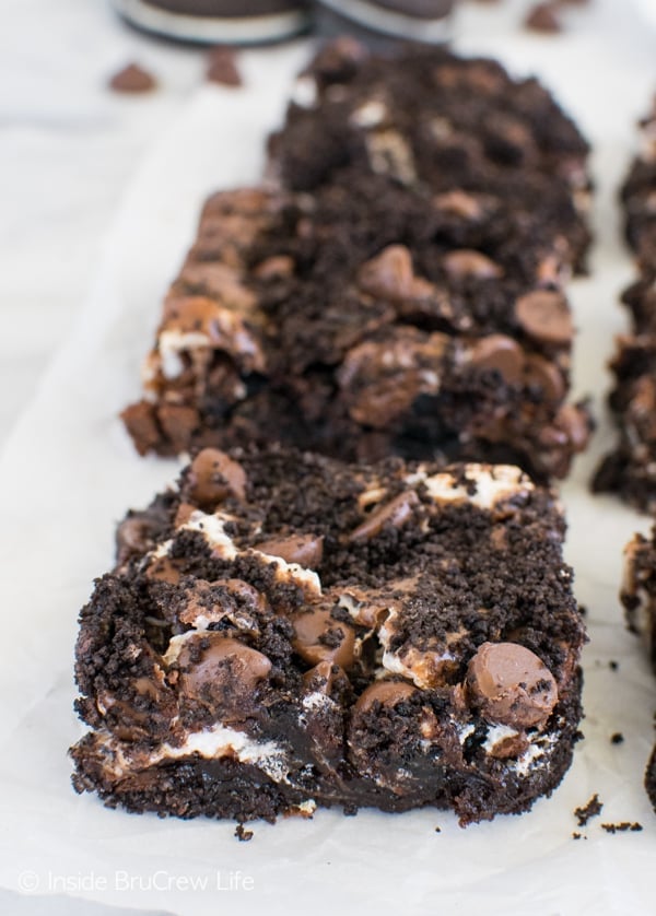 Gooey brownies made with marshmallow and Oreo cookies.