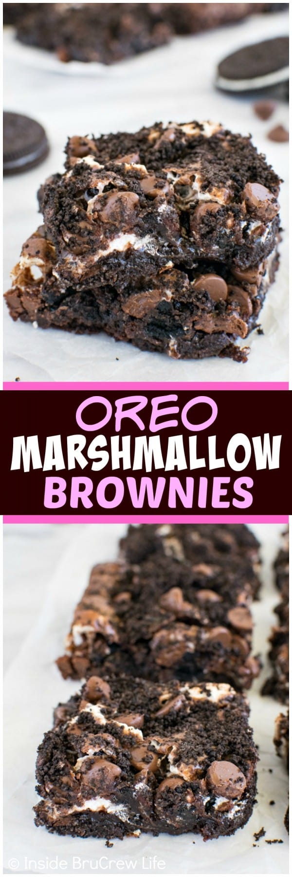 Oreo Marshmallow Brownies - swirls of cookies and marshmallows add a sweet twist to these brownies. Awesome dessert recipe!