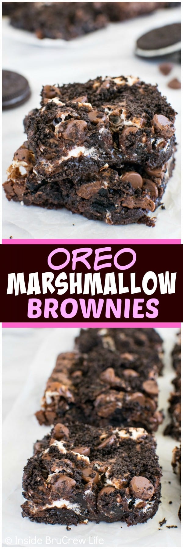 Two pictures of marshmallow Oreo brownies collaged with a text box.