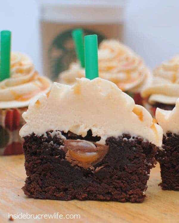 Salted Caramel Mocha Brownie Cups - sweet little brownies with a hidden candy center and salted caramel frosting. Make this easy recipe and watch everyone devour this sweet and salty dessert! #brownies #cupcakes #frosting #saltedcaramel #recipe #sweetandsalty