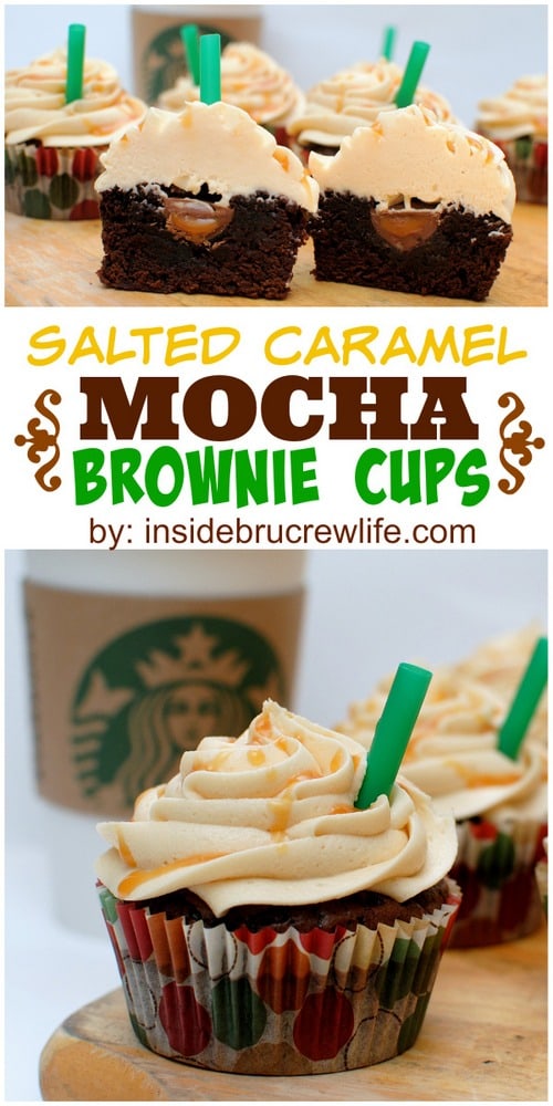 Salted Caramel Mocha Brownie Cups - salted caramel frosting and a hidden caramel candy makes these brownie cups a hit every time. Make this easy recipe for any party or picnic and watch them disappear. #brownies #cupcakes #frosting #saltedcaramel #recipe #sweetandsalty